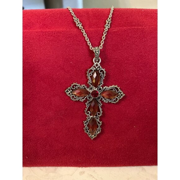 Vintage Silver Cross Necklace With Red Gemstones & Intricate Chain Design